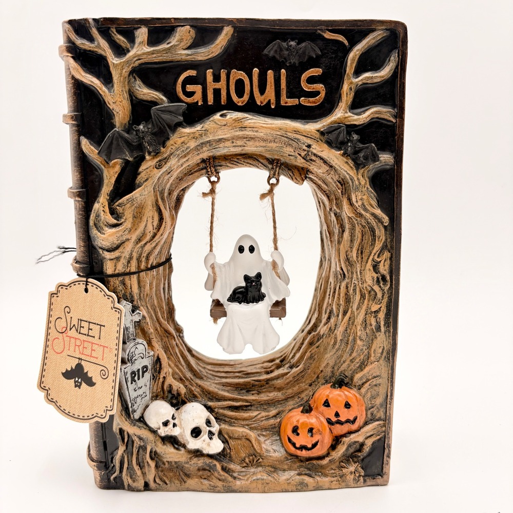 Sweet Street Halloween Ghouls Book Diorama Ghost on Swing Black Cat Resin Decor